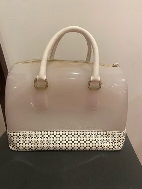 Furla Glossy Cream Dome Satchel with Woven Trim